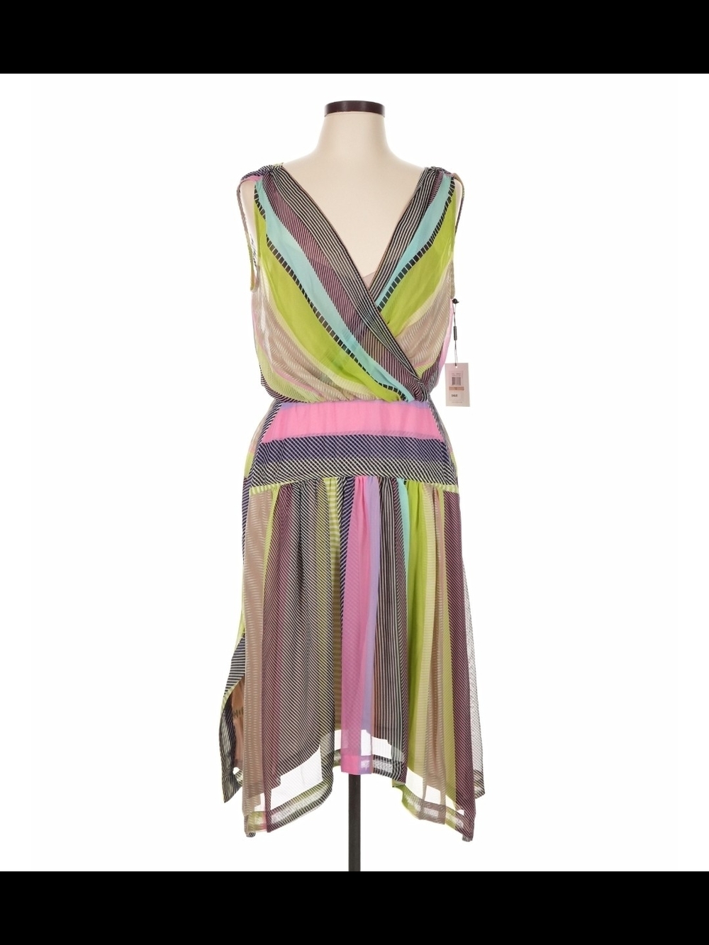 🩷💚 Calvin Klein beautiful multicolor striped high-Low V-neck dress💚🩷